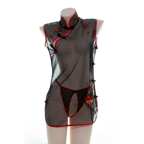 Black Sexy Transparent Embroidery Cheongsam