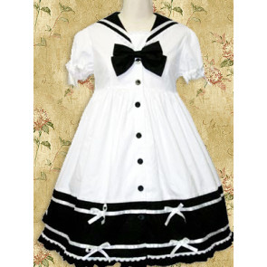 White and Black Short Sleeves Bow School Lolita Dress