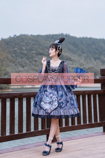 Robe Lolita Gothique Licorne à Manches Longues et Bandages