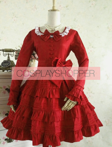Robe Lolita Charmante Rouge à Manches Longues en Coton avec Nœud
