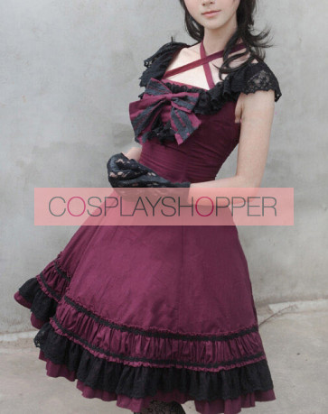 Robe Lolita Douce Rouge Violacé Sans Manches avec Nœud et Dentelle