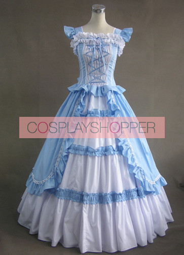 Robe de Bal Lolita Bleue et Blanche à Bandages Double Couche Florale en Coton
