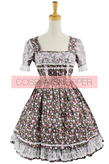 Sweet Colorful 100% Cotton Lace Floral Short Sleeve Lolita Dress