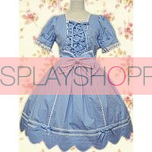 Robe Lolita Classique Bleue à Manches Courtes Dentelle Nœud et Liens Devant