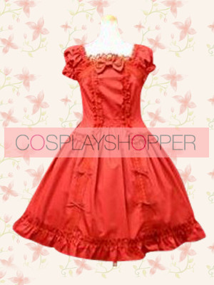 Robe Lolita Classique Douce Rouge à Manches Courtes Bouffantes Volants et Nœud