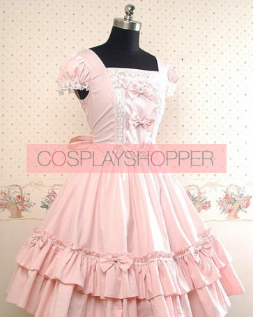 Robe Lolita Rose Clair à Manches Courtes et Volants