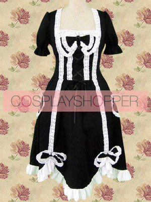 Robe Lolita Gothique Noire à Manches Courtes Nœud Lacets en Dentelle et Volants