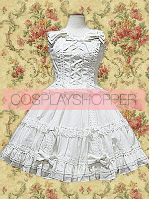 Blouse et Jupe Lolita Douces Blanches Sans Manches à Nœud Devant