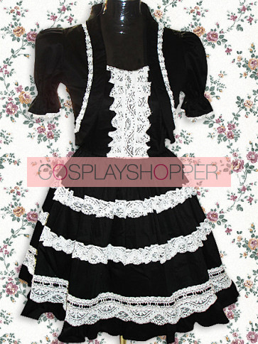 Robe Lolita Douce Noire à Manches Courtes en Dentelle