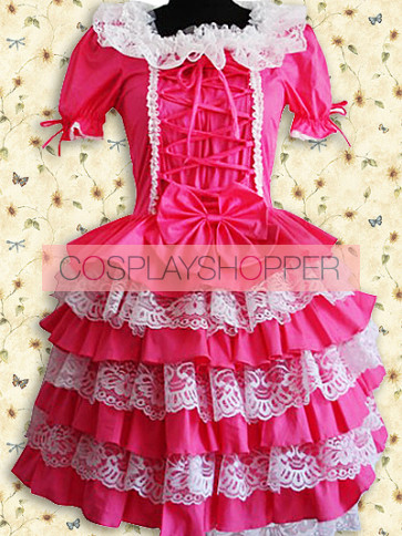 Robe Lolita Douce Rouge Fuchsia et Blanche à Manches Courtes Bouffantes et Dentelle